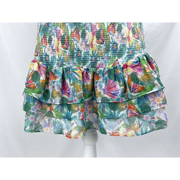 ASTR The Label XL Green Pink Blue Floral Smocked Sleeveless Dress Flutter Sleeve - Picture 3 of 12